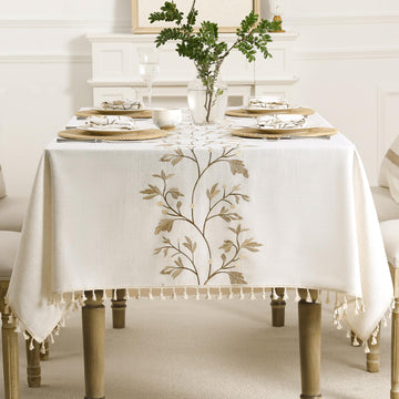 Cotton Linen Rectangle Tablecloth with Tassel for Dining Table, Burlap Heavy Duty Floral Farmhouse Coffee Kitchen