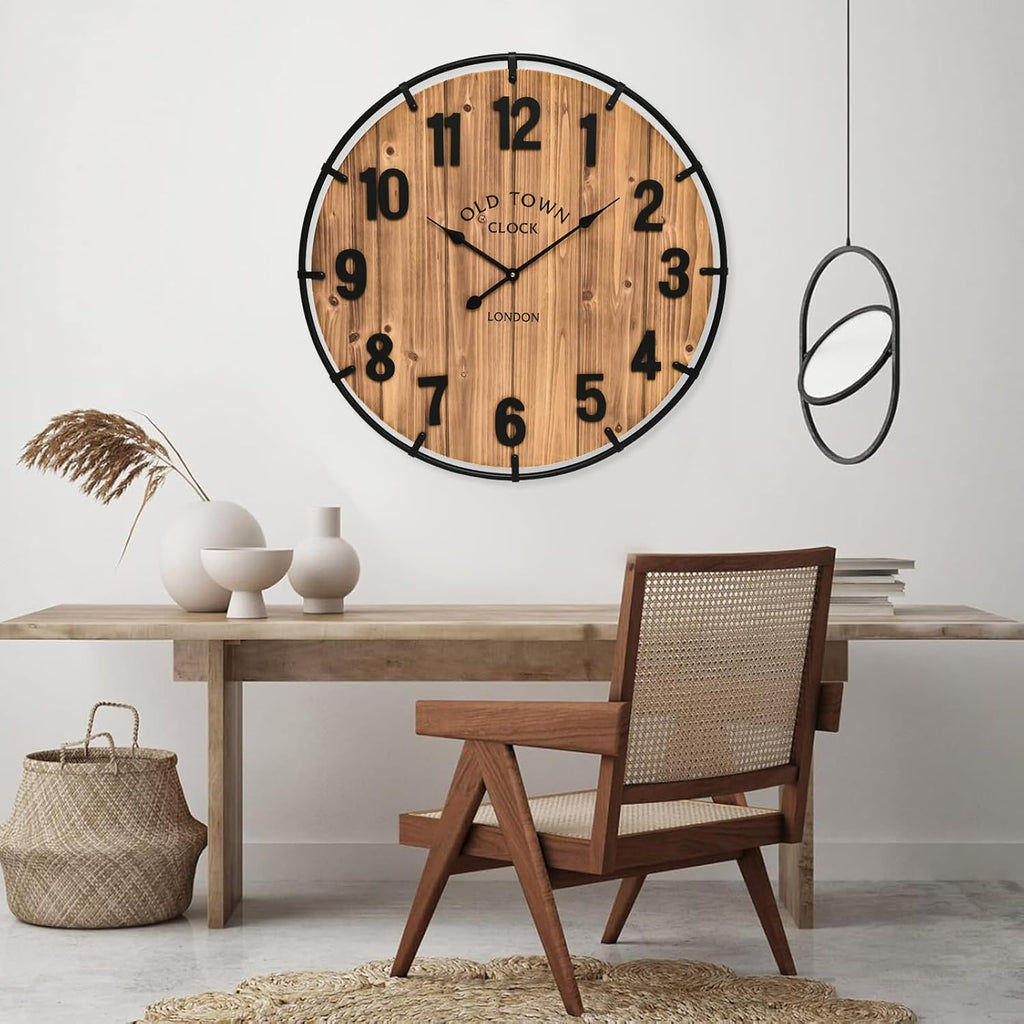 24 Inch Farmhouse Wall Clock Large Old Town Vintage Rustic Wooden Clock with Metal Rim and Large Numerals