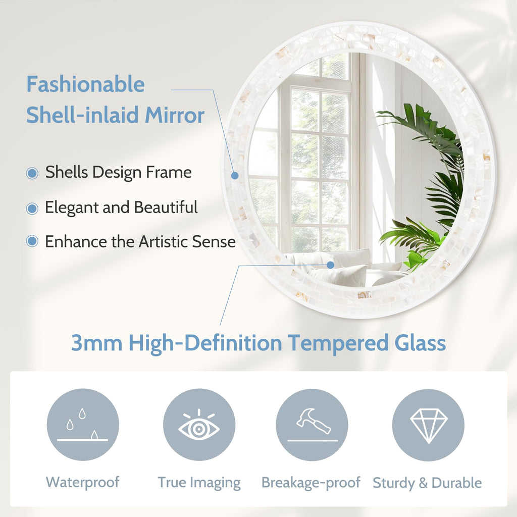 24 Inch Round Bathroom Mirror, Coastal Shell Framed Wall Decor