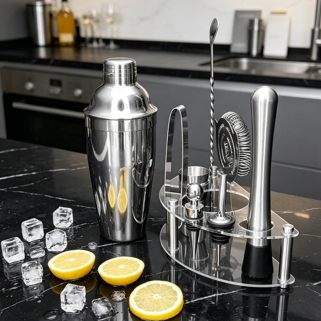 9-Piece Cocktail Shaker with Stand, 25oz Bartender Kit, Cocktail Shaker with Strainer Set, Bar Set Jigger - Set of 9