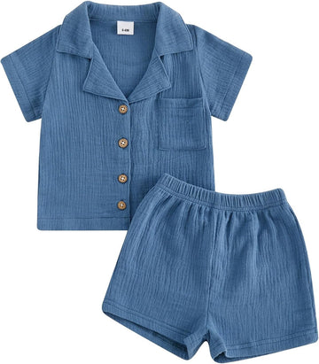 Baby Boys Clothes Set Toddler Infant Boys Button-down Shirt Tops + Cotton Gauze Shorts Summer Outfit 2PCS with Pockets