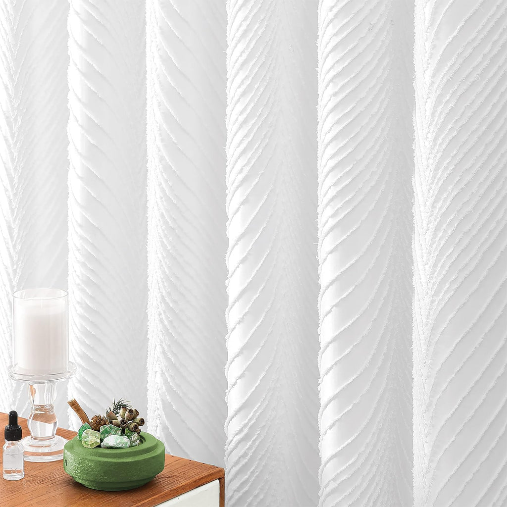 White Boho Tufted Leaves Textured Striped Tassel, 72x80