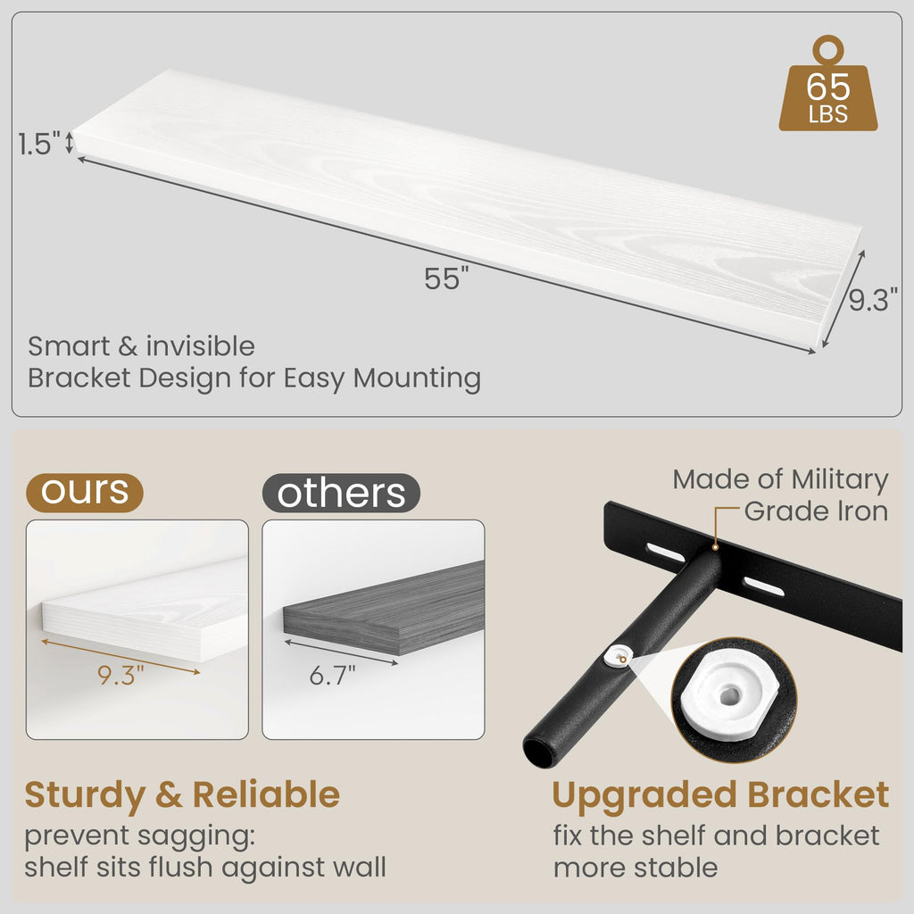 55 Inch Long Floating Shelves White, 9.3" Deep Floating Shelf 2 Pack
