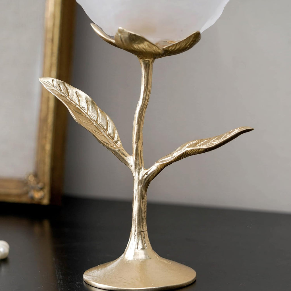 Frosted White Glass Flower Jewelry Tray, Gold Metal Leaf Base, Vanity Catch All for Rings Keys, Vintage Home Decor