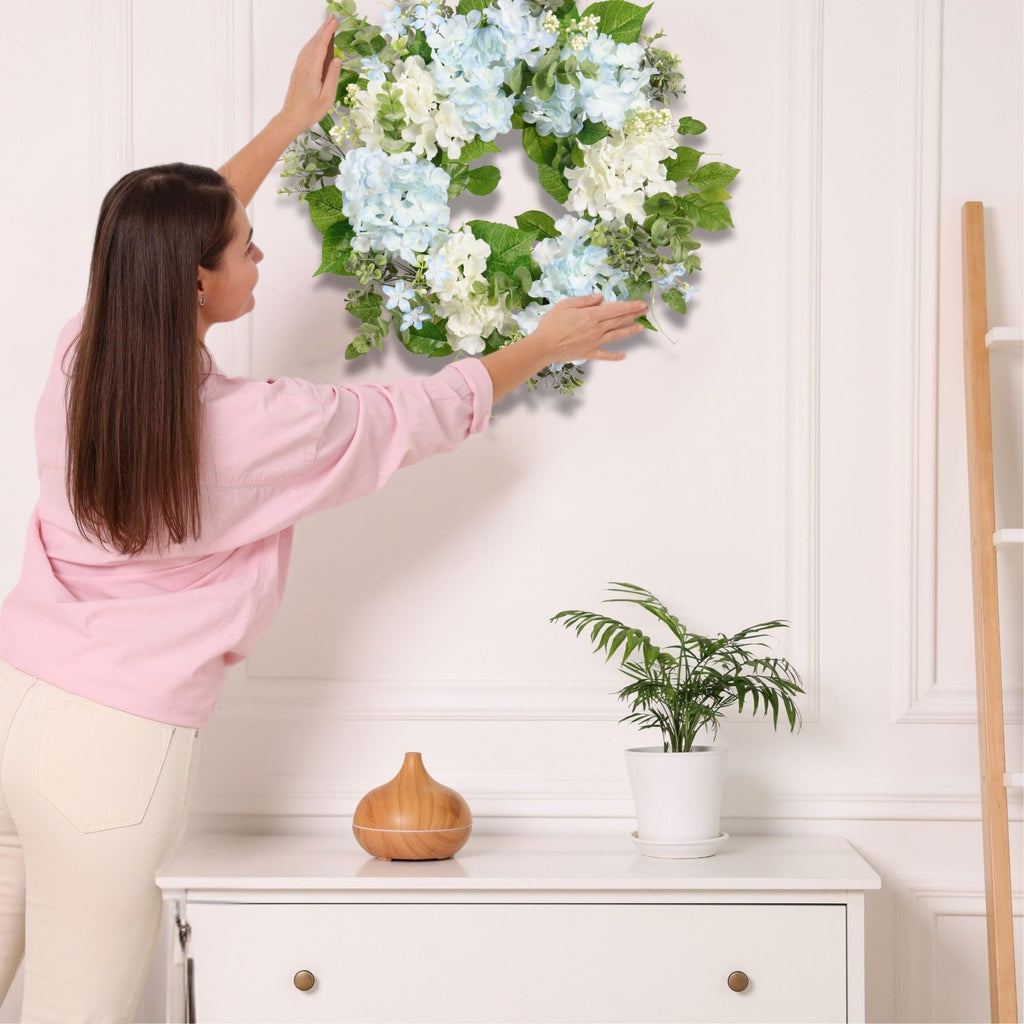 Spring Wreath Artificial Hydrangea Eucalyptus 20IN, Light Blue White Green, Spring Easter Summer Front Door Wall