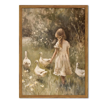 Framed Vintage Wall Art, Rustic Cute Girl with Duck Pictures Wall Decor, Farmhouse Cottagecore Paintings Country