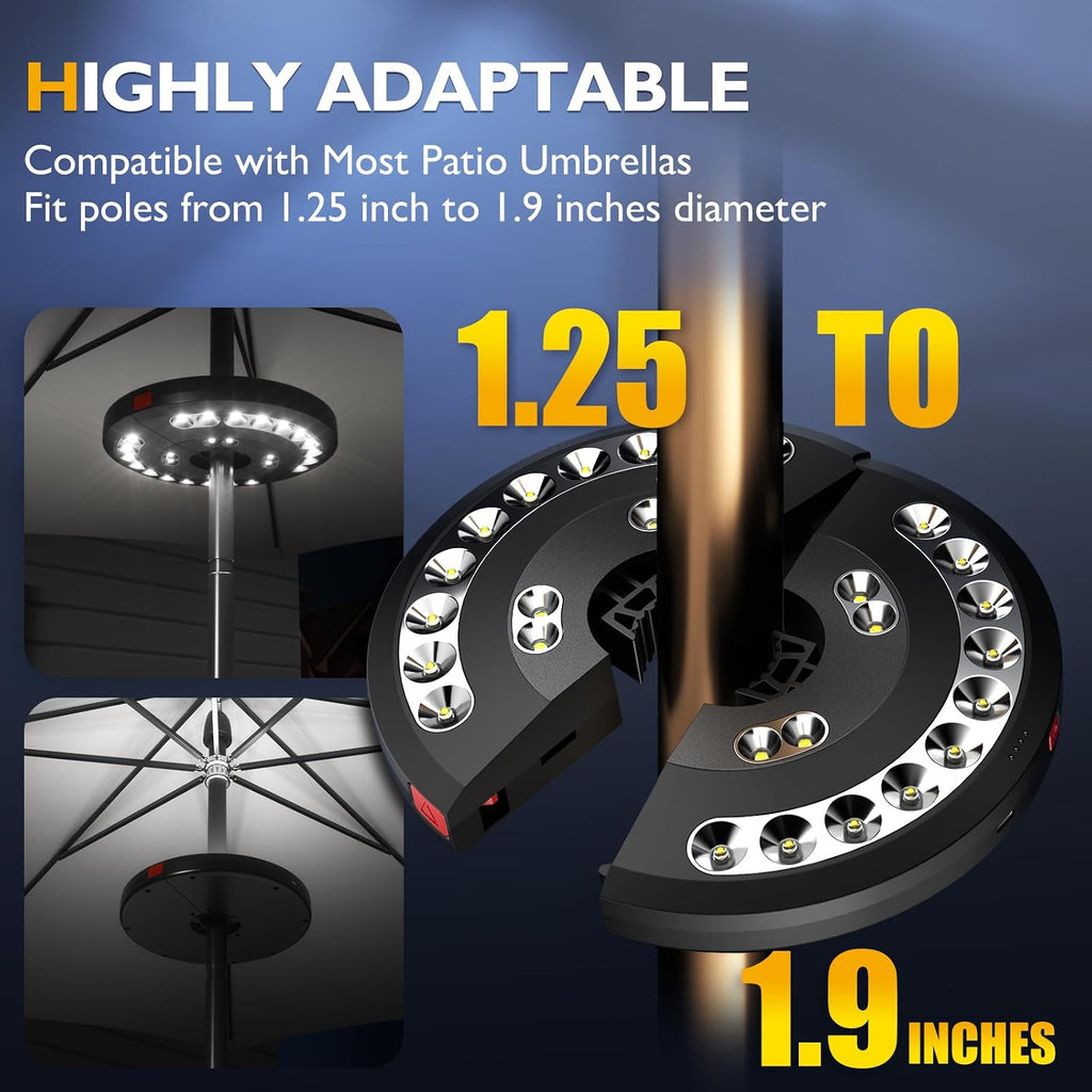 2pcs Rechargeable Patio Umbrella Lights Outdoor Decor | 28 White LED 3 Lighting Modes Table 1.25-1.9inch Pole Light