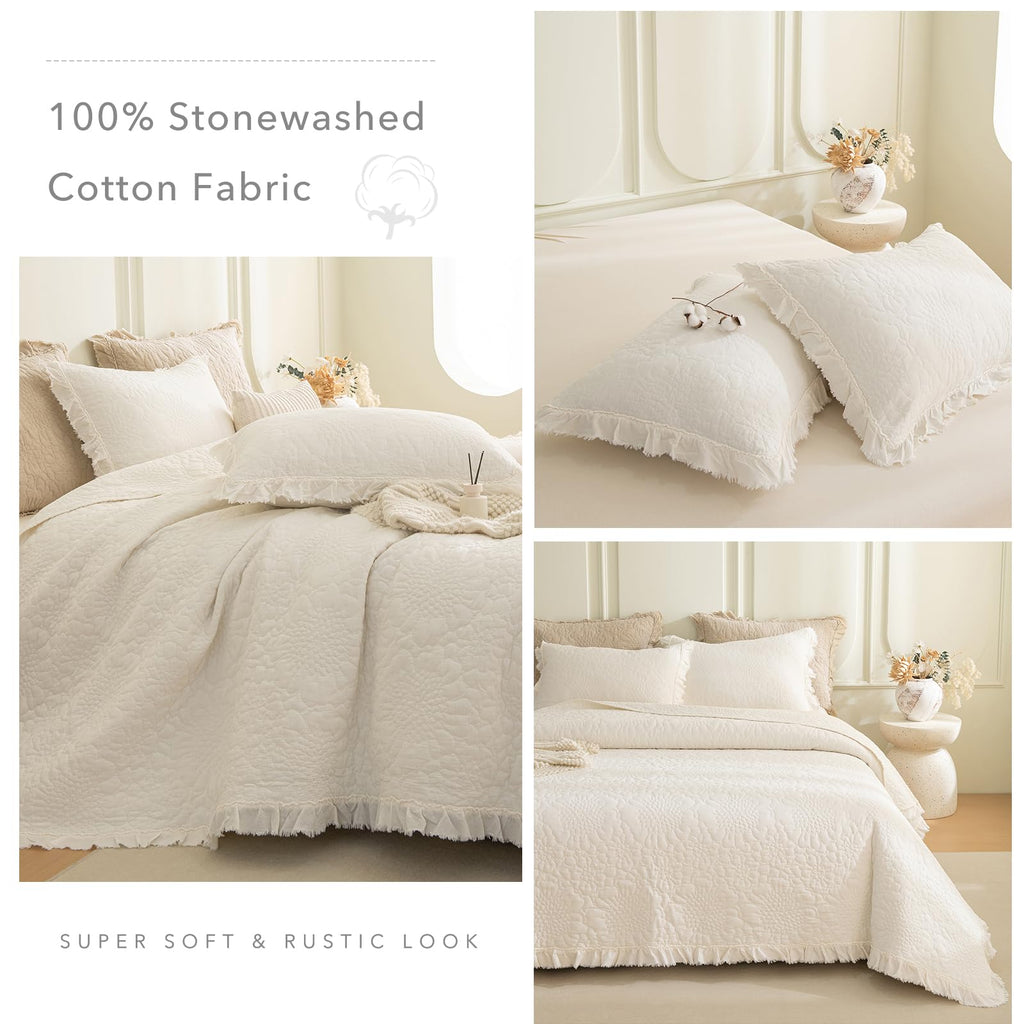 Milk White Stonewashed Cotton Oversized King Quilt Bedspread Set(128"x120"), 3PCs Farmhouse Ruffled Bedspread