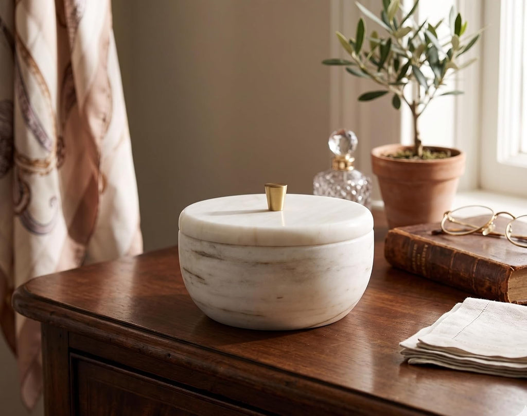White Marble Storage Box with Copper Knob - Round Decorative Organizer for Jewelry, Trinkets, Bathroom or Office