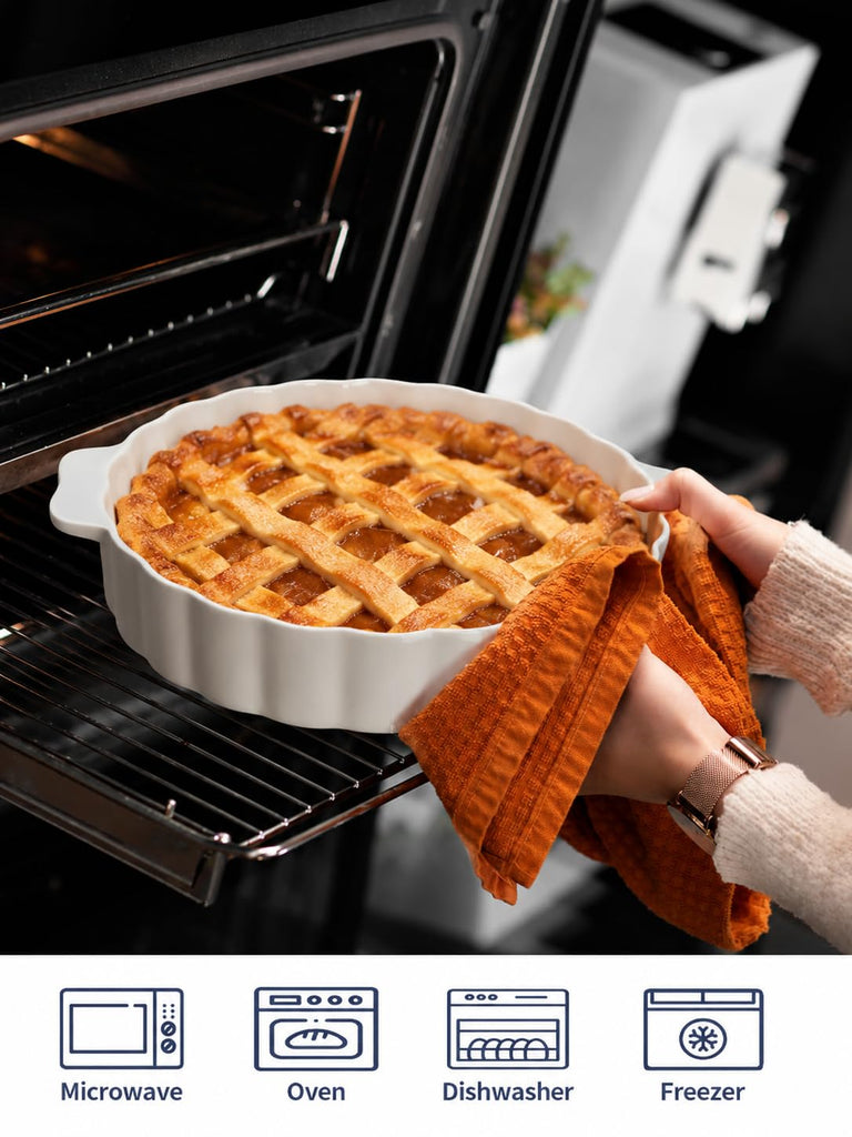 Ceramic Pie Pan, 13 Inch Round Baking Dish with Handles, White