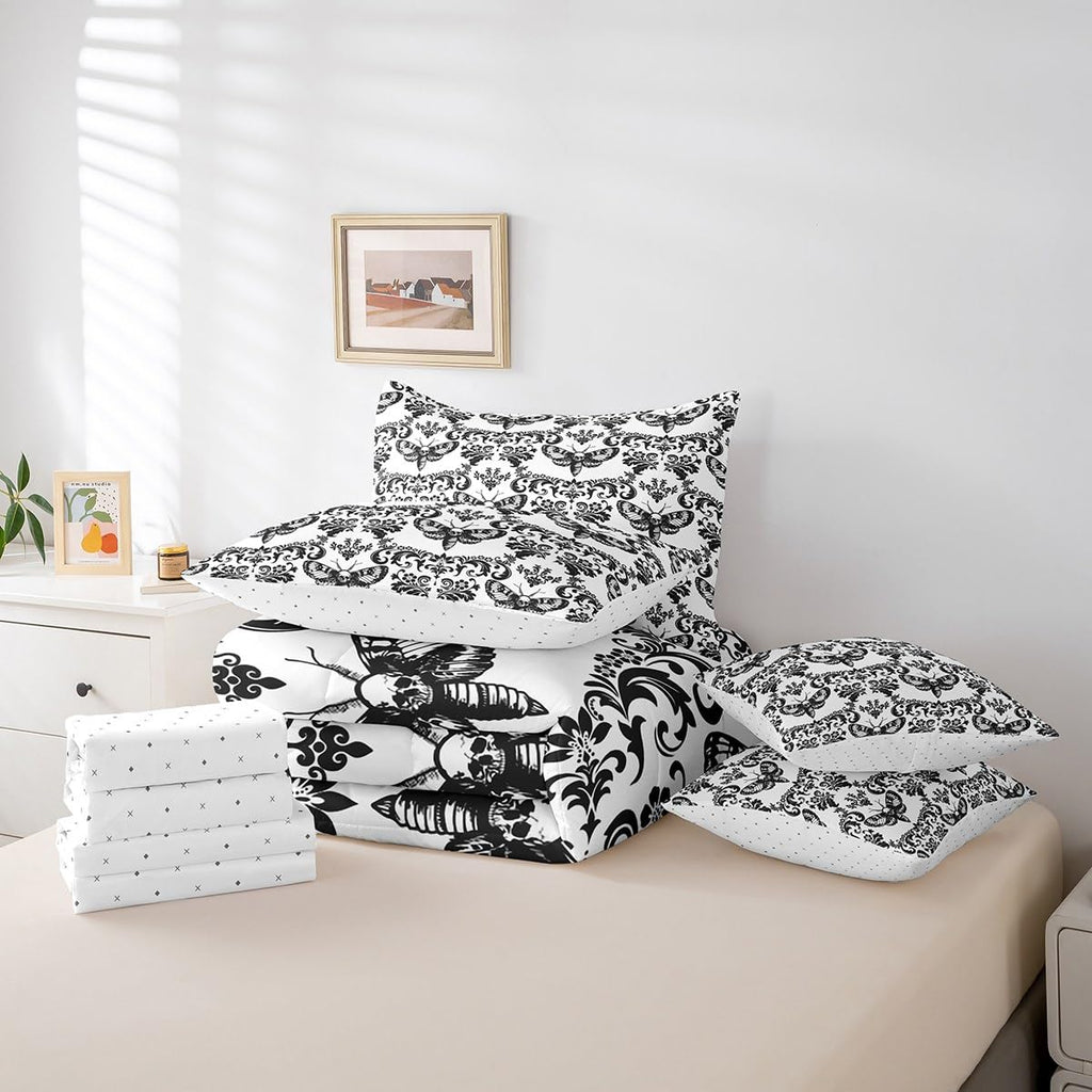 Gothic Bed in A Bag 7 Piece Black White Moth Goth Queen Comforter Set with Sheets Vintage Damask Boho Bedding Sets