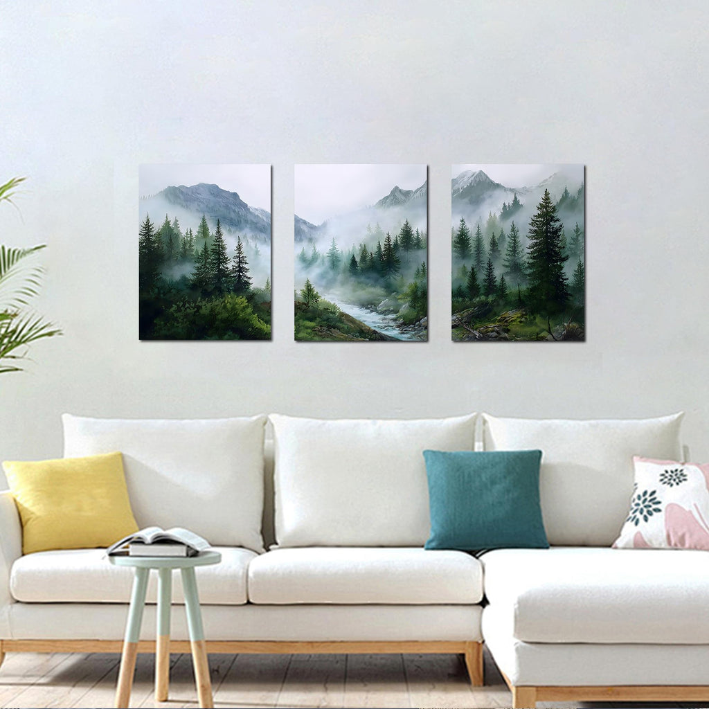 Misty Forest Wall Art Green Mountain Landscape Canvas Prints Nature Tree River Artwork Bedroom Office Home Decor