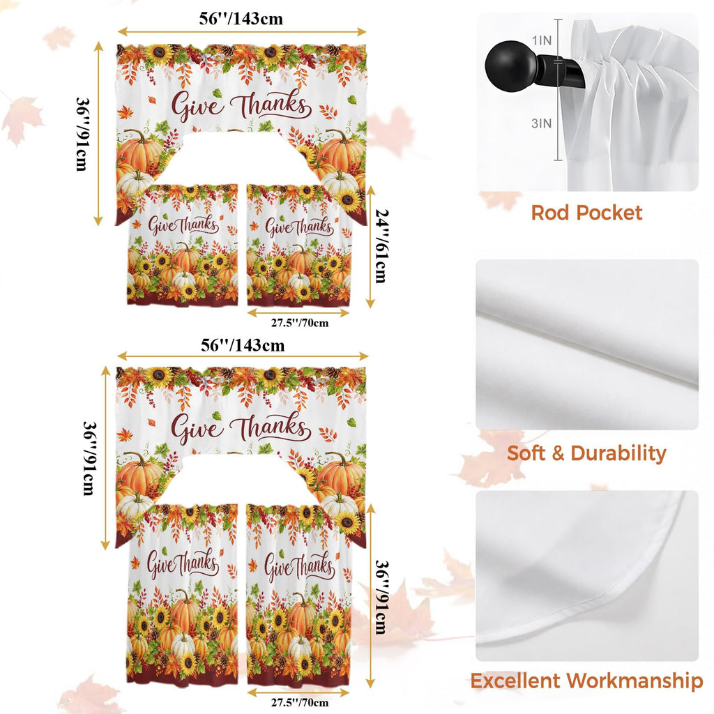 Thanksgiving Fall Kitchen Curtain and Valance Set 3 Pieces, Boho Farmhouse Orange Pumpkin Rod Pocket Short Tier