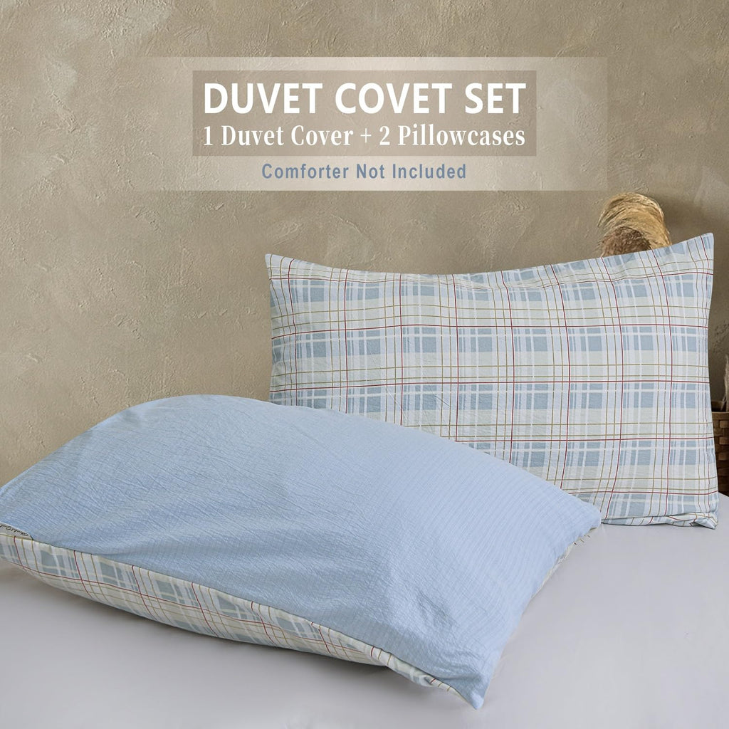 Vintage Reversible Plaid Duvet Cover Set, 100% Washed Microfiber Linen-Feel 3-Piece Bedding, Elegant Printed Check