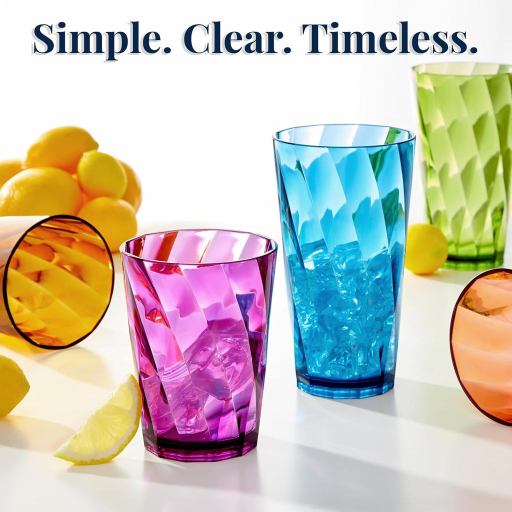 Optix Plastic Reusable Drinking Glasses (Set of 16) 14oz Rocks & 20oz Water Cups in Jewel Tone Colors | BPA-Free