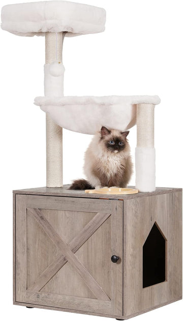 Cat Tree Tower, Litter Box Enclosure, Food Station