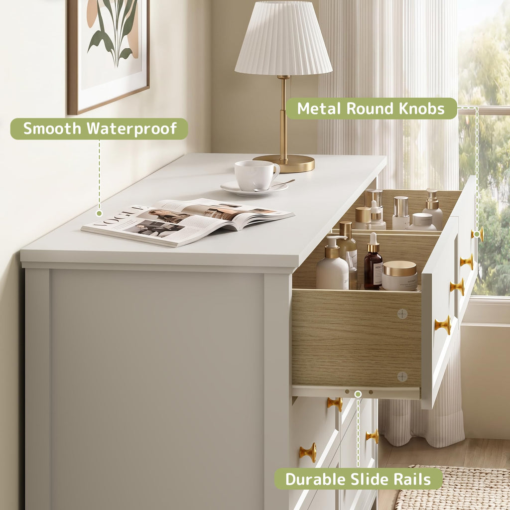 White, 55" Modern with 6 Drawers Gold Handles