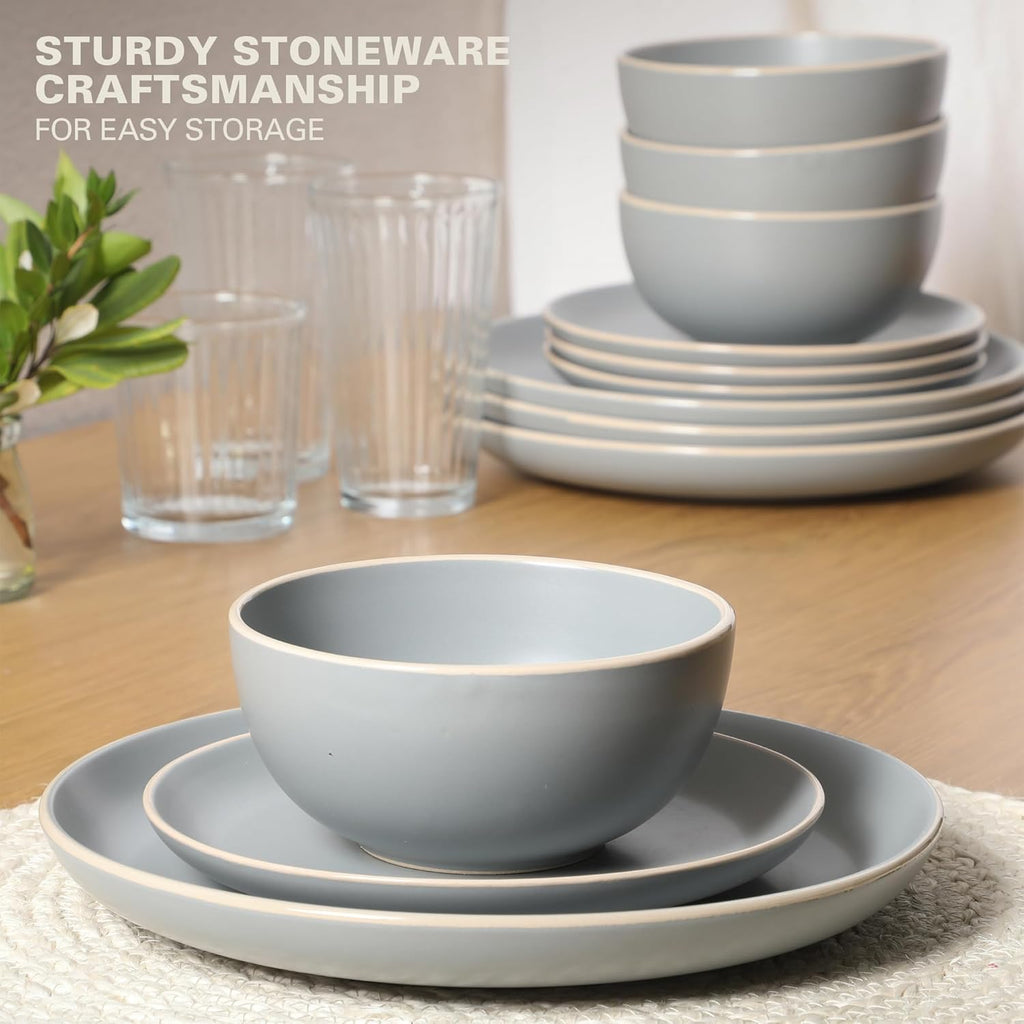 Rockaway 12-Piece Stoneware Dinnerware Set, Matte Finish, Service for 4, Modern Ceramic Plates and Bowls