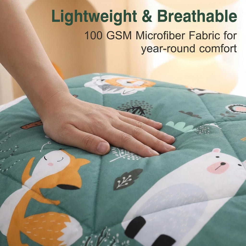Green Forest Animals Kids Comforter Set Twin, 2 Piece Woodland Printed Microfiber Bedding Set, Machine Washable