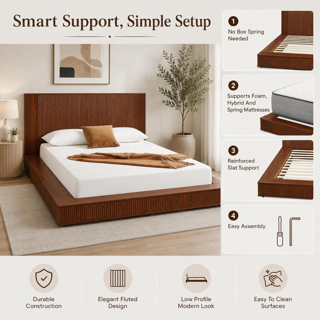 Low Profile Platform Bed Frame with Vertical Fluted Headboard