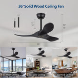 Inspired Maverick Style 36 Inch Solid Wood Black Ceiling Fan with Remote,Ceiling Fan no Light,6 Speeds,Noiseless,Reversible DC Motor,Modern Ceiling Fans without Lights for Bedroom Farmhouse Kids Room A101-B0DFTD9F71