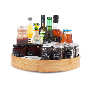 Lazy Susan Organizer 14 inch, Bamboo Lazy Susan for Table, Kitchen Turntable Organizer with Double Handles, Round
