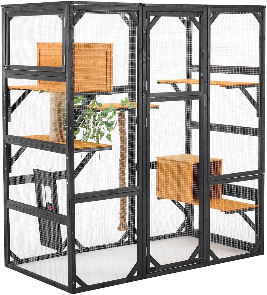 Outdoor Catio Enclosure, Large Walk-In Cat Cage with Platforms, Condos, Climbing & Scratching Posts, Pine Wood Cat