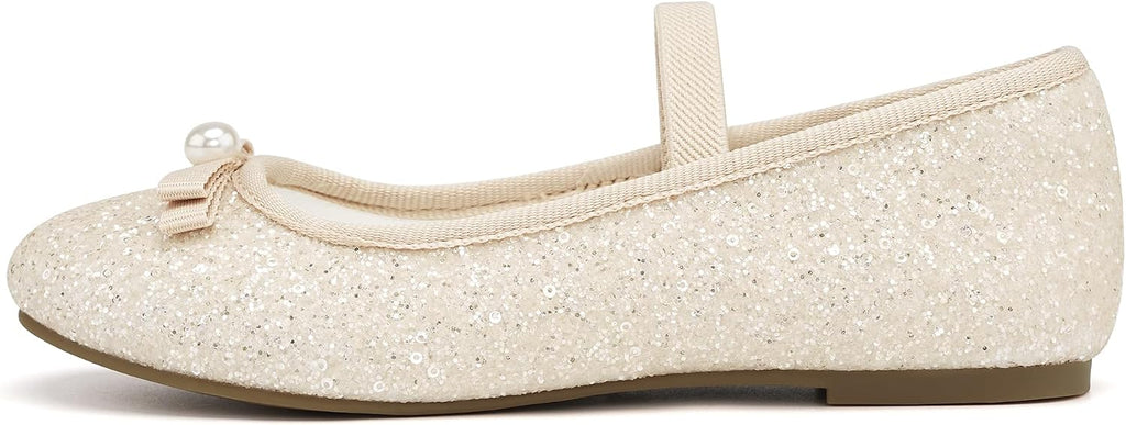 Girls Glitter Dress Shoes Flats with Pearl Bow for Party