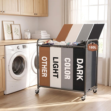 Laundry Sorter 4 Section with Lockable Wheels and Lid Multicolor