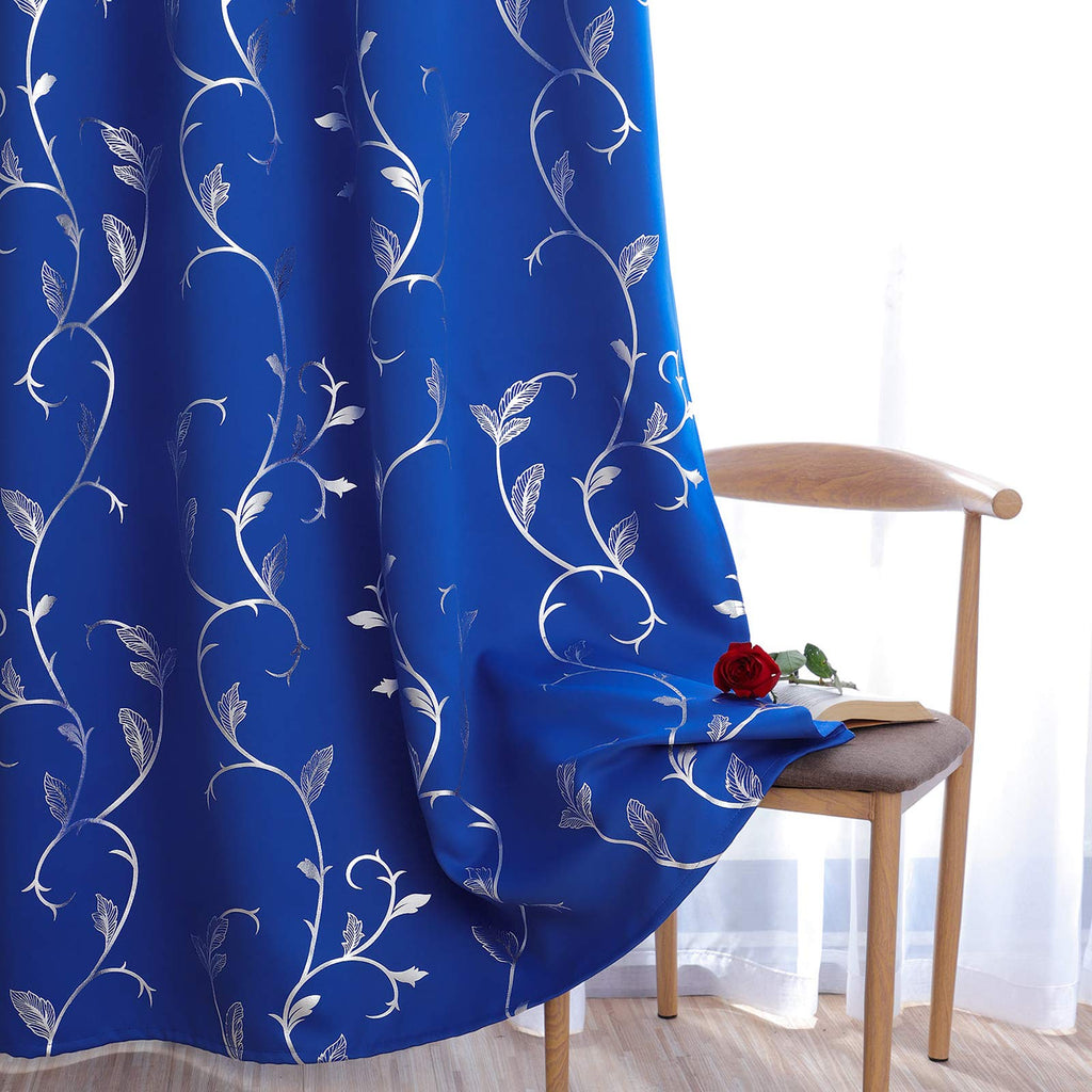 Living Room Blue Blackout Window Curtains Silver Beautiful Flower Print Room Darkening Curtains 38W×84L Royal Blue