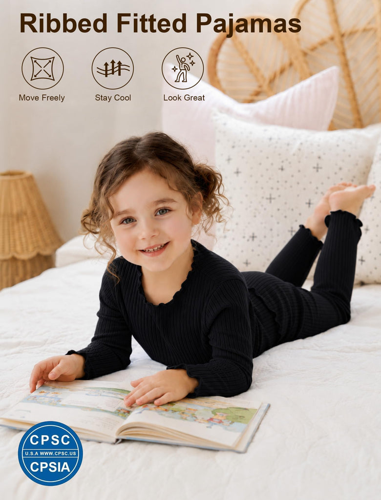 Black Pajamas for Toddler Girls Stretch Ribbed Knit PJ Set
