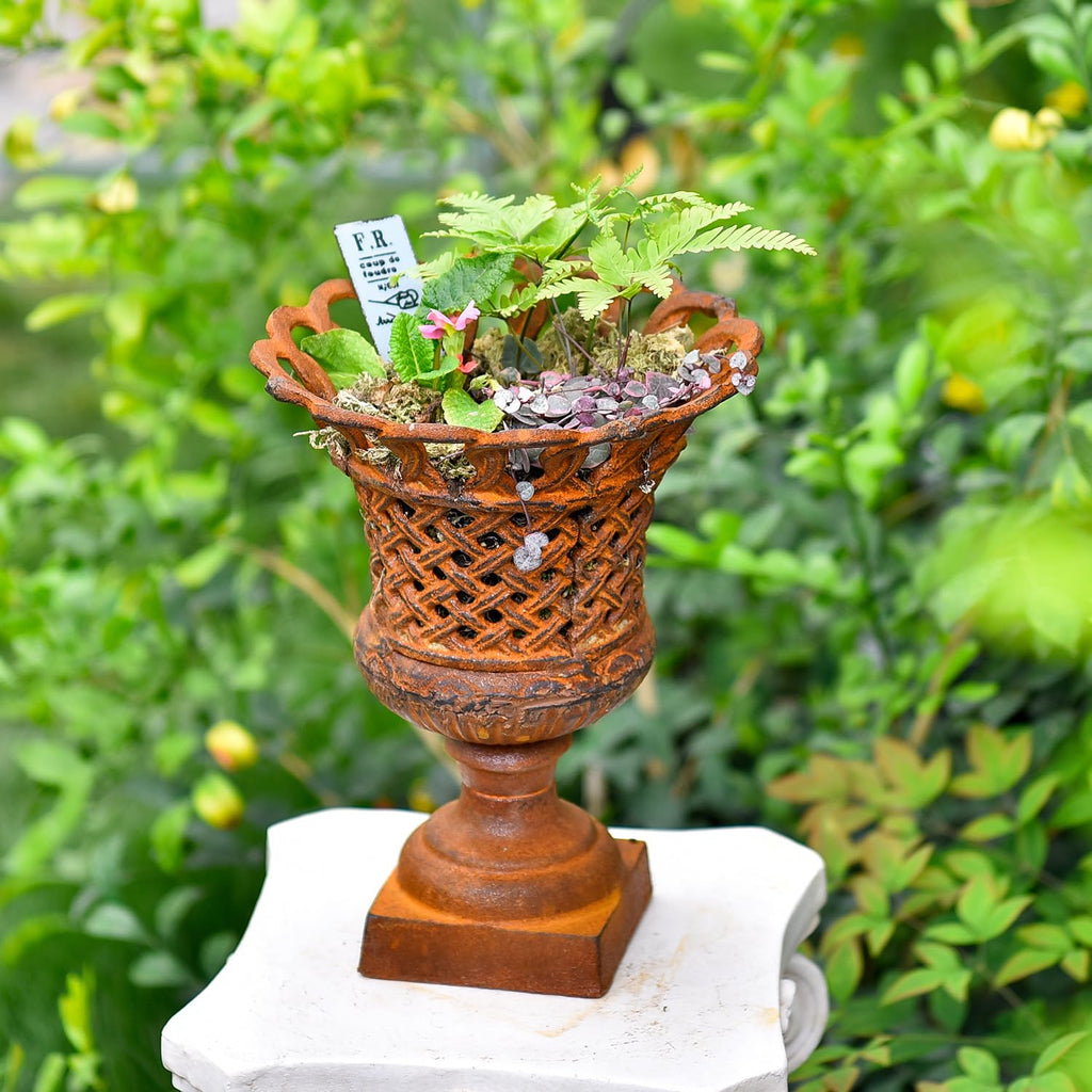 Cast Iron Rust Urn Planter - 10 Inches Hollow Trophy-Shaped Design