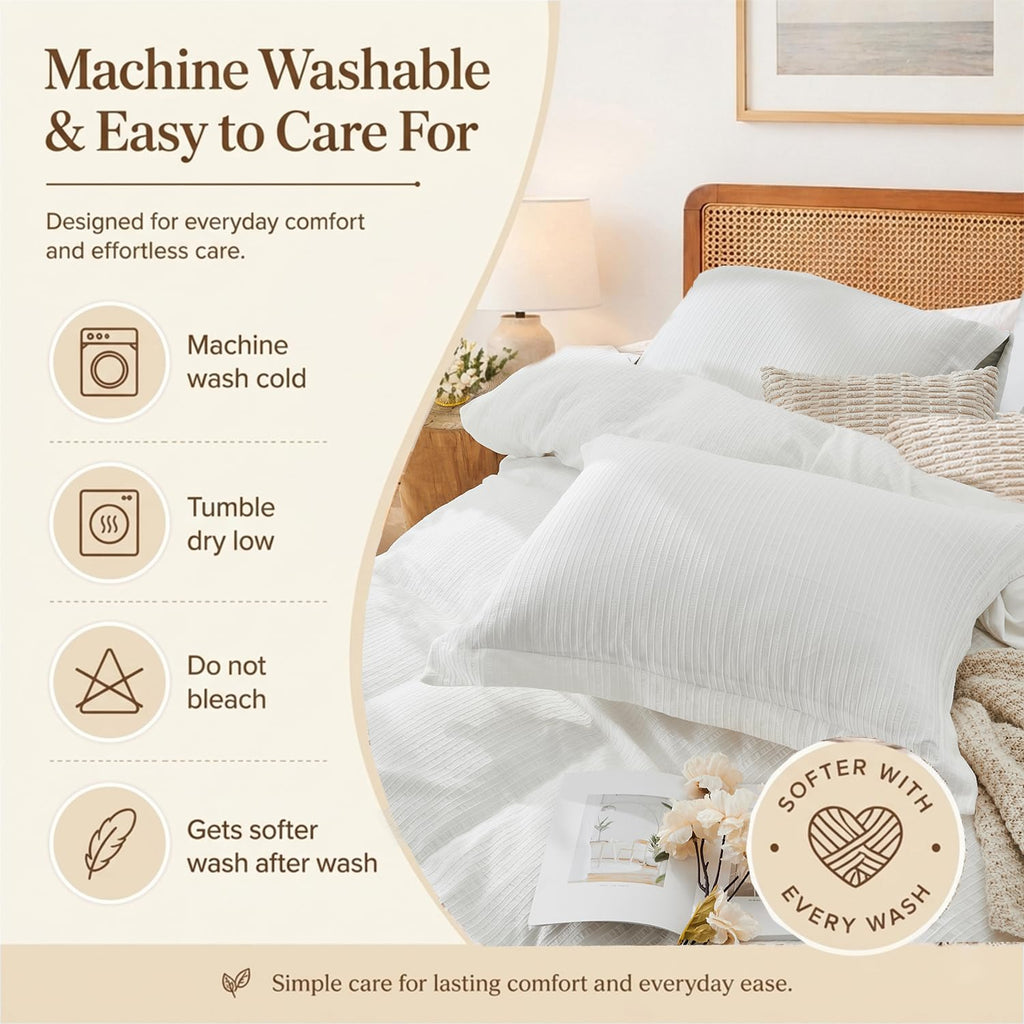 100% Washed Cotton Textured Duvet Cover Queen - Soft Breathable Jacquard Striped Lightweight Bedding Set 3 Pieces