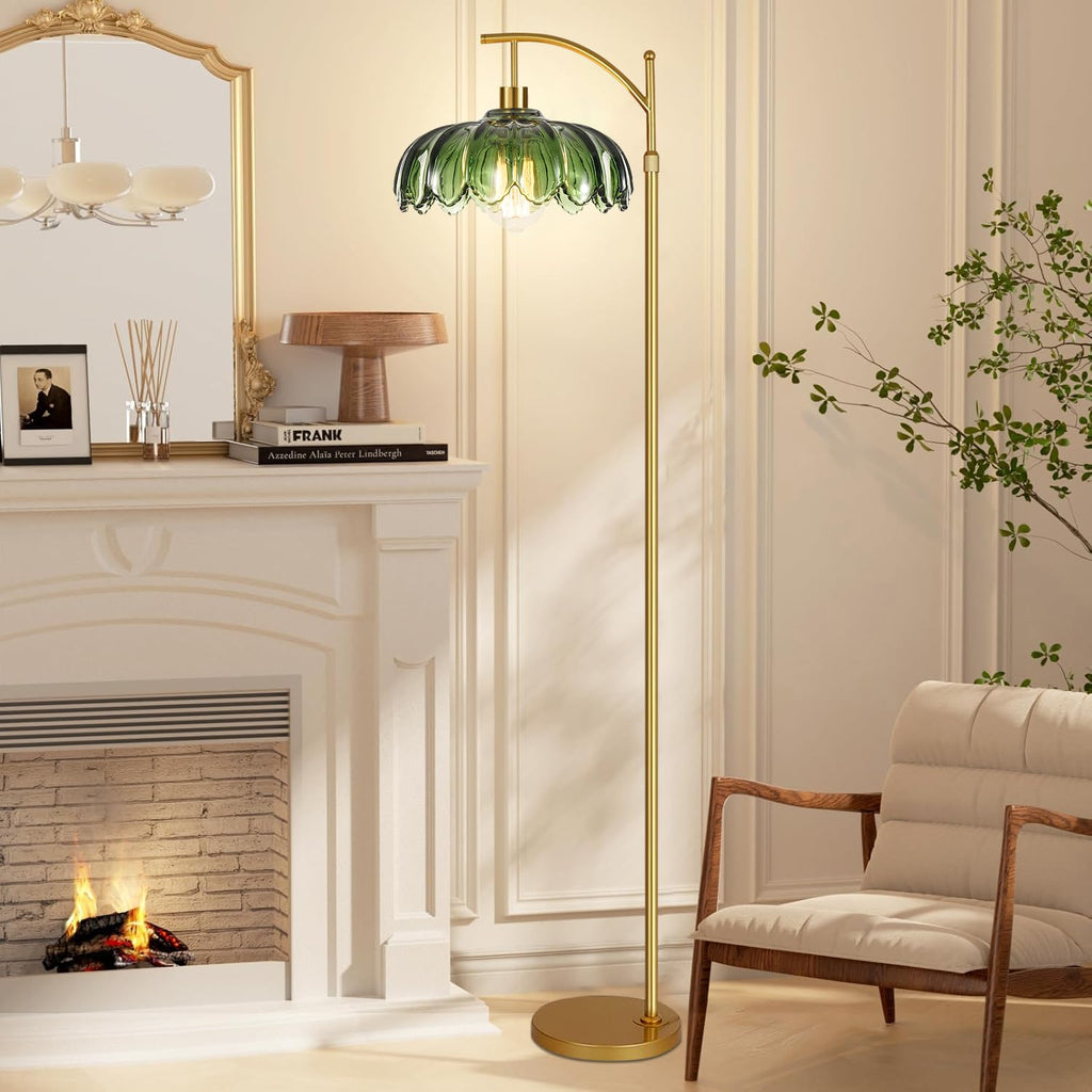 Gold Floor Lamps, Glass Floor Lamp with Remote Control & Green Lampshade, Arc Flower Lamp Dimmable Mid Century Modern