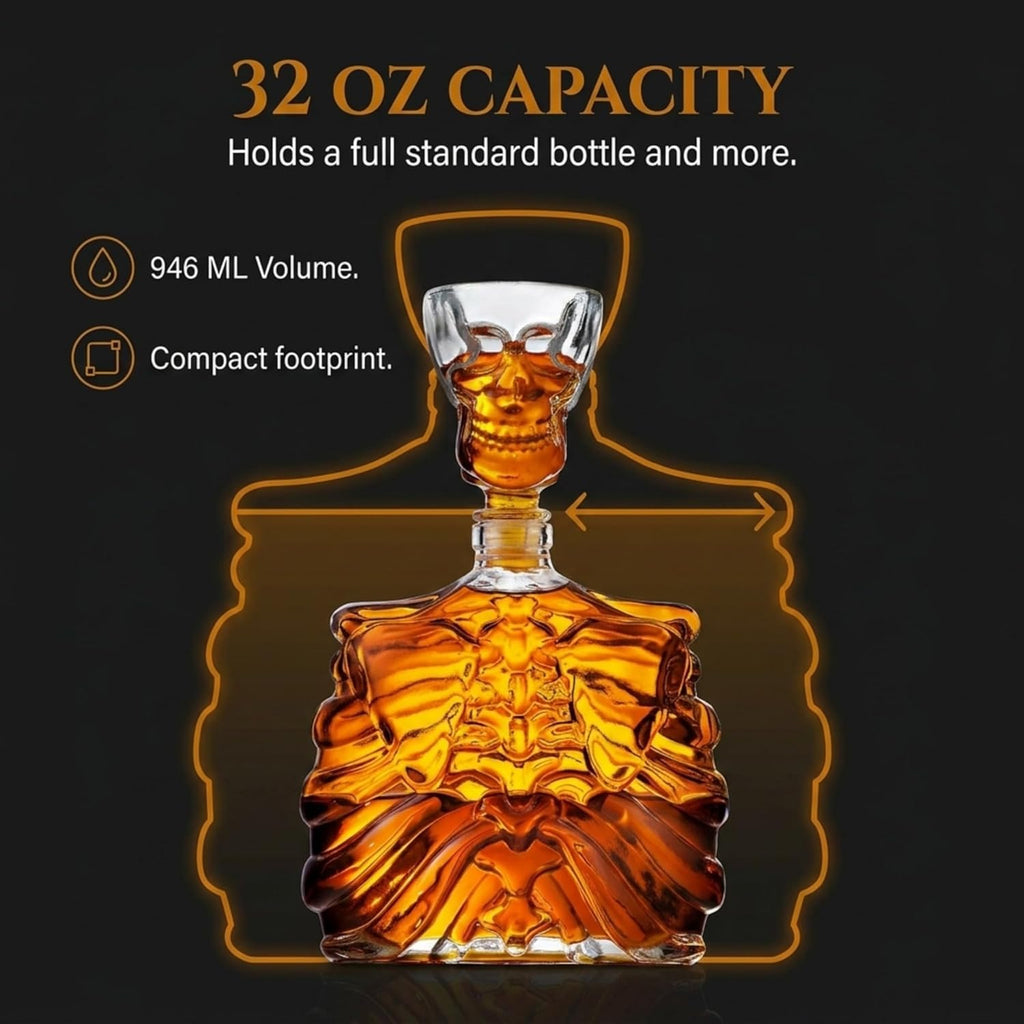 Whiskey Decanter and Shot Glass, Skull Skeleton Decanter, Halloween Decor, Skeleton Decorations, Liquor Decanter and