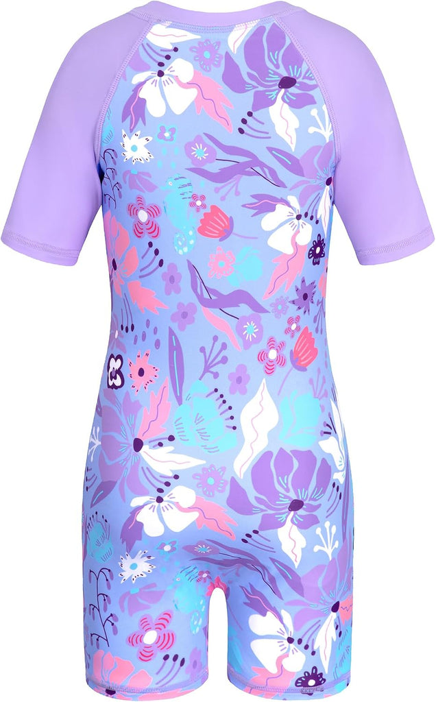 Girls Rash Guard Swimsuit One Piece Short Sleeve Front Zipper Swimwear UPF 50+ Bathing Suits