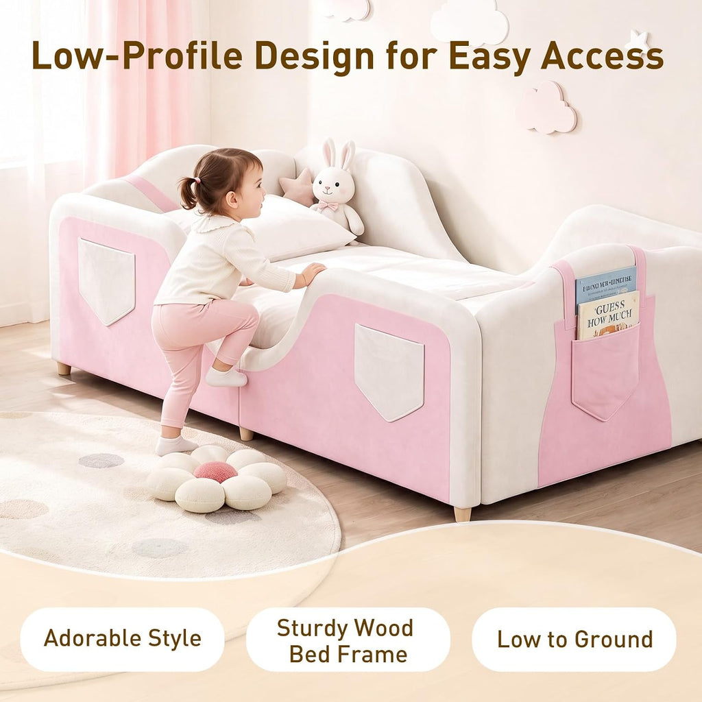 Toddler Bed, Toddler Floor Bed, Upholstered Toddler Bed Frame | Montessori Kid Bed, Wood Slats, 6 storage pockets