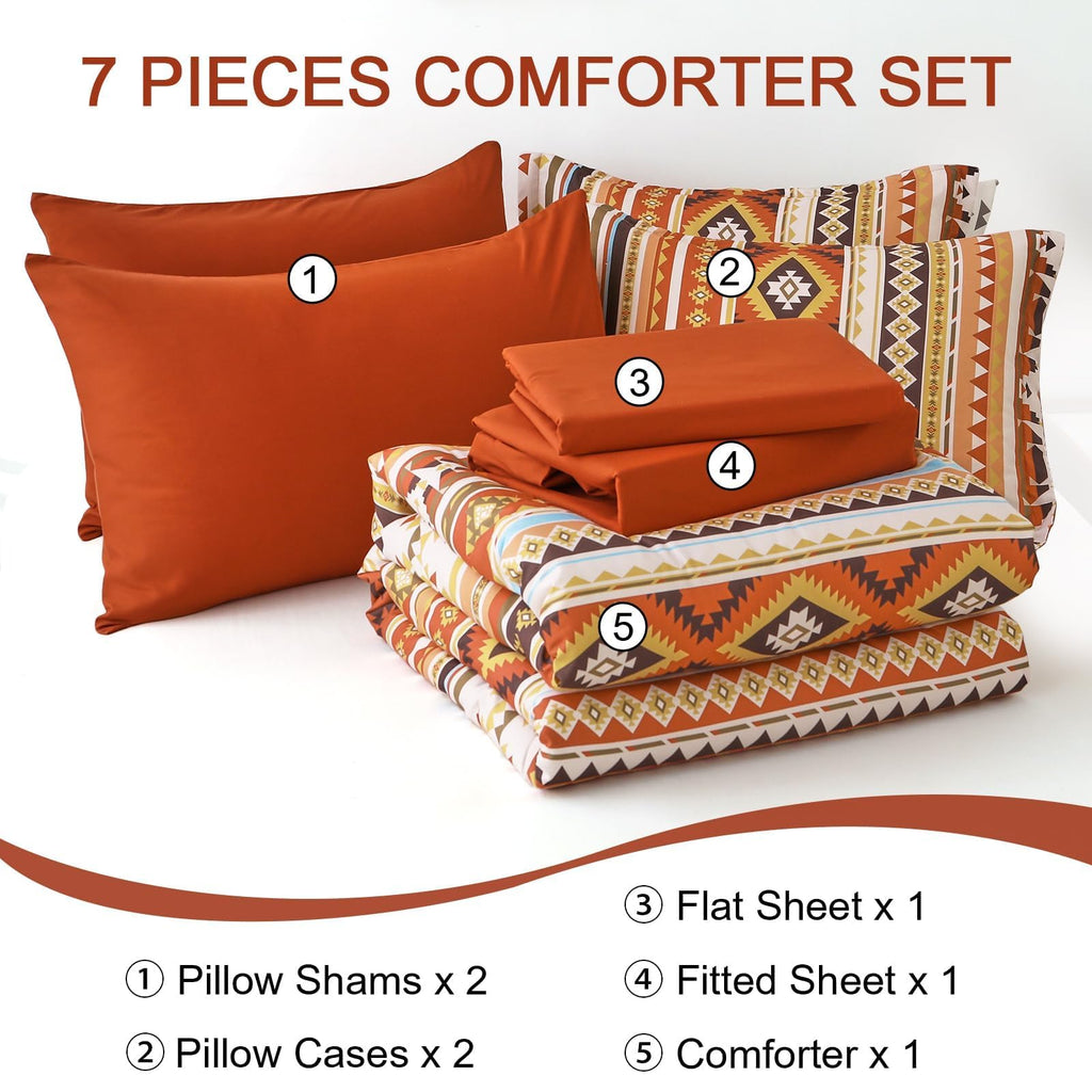 Burnt Orange/Terracotta Comforter Set King, Lightweight Boho Bed in A Bag King Size 7 Piece Aztec Fall Bedding Set