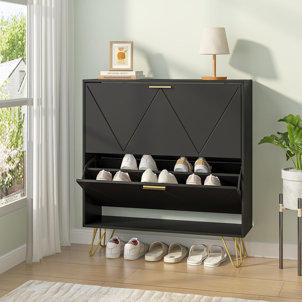 Black Shoe Cabinet Storage, Narrow Shoe Cabinet with 2 Flip Drawers, Freestanding Organizer with Fluted Panel