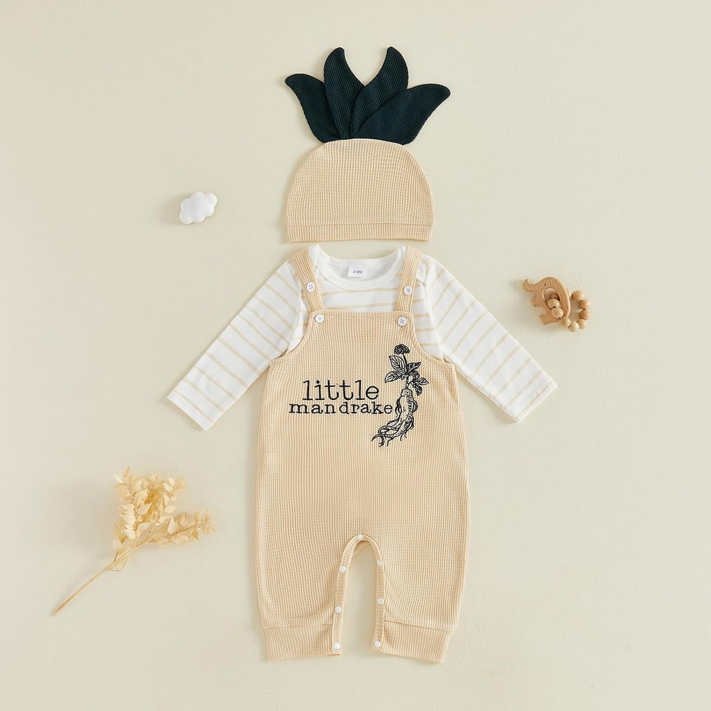 Newborn Baby Boy Fall Outfit Long Sleeve Striped Romper Top Letters Embroidery Waffle Knit Overalls Pants Hat Set