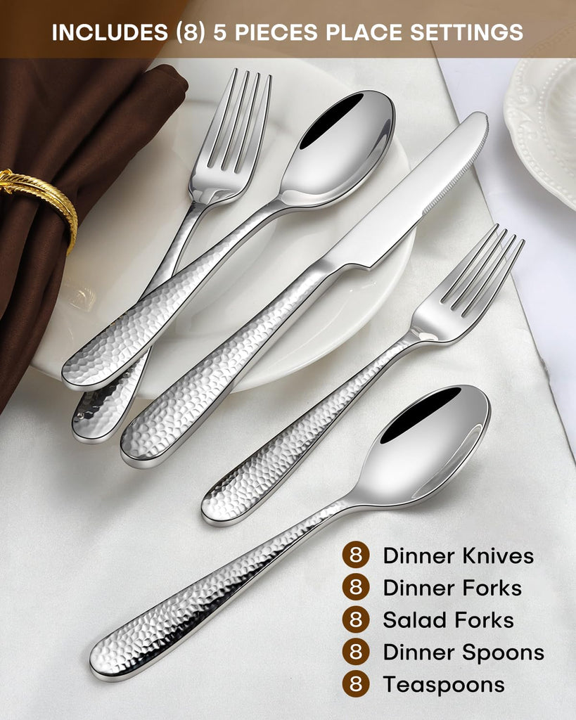 40-Piece Hammered Silverware Set, Heavy Duty Stainless Steel Flatware Set for 8, Food Grade Cutlery Utensils Set