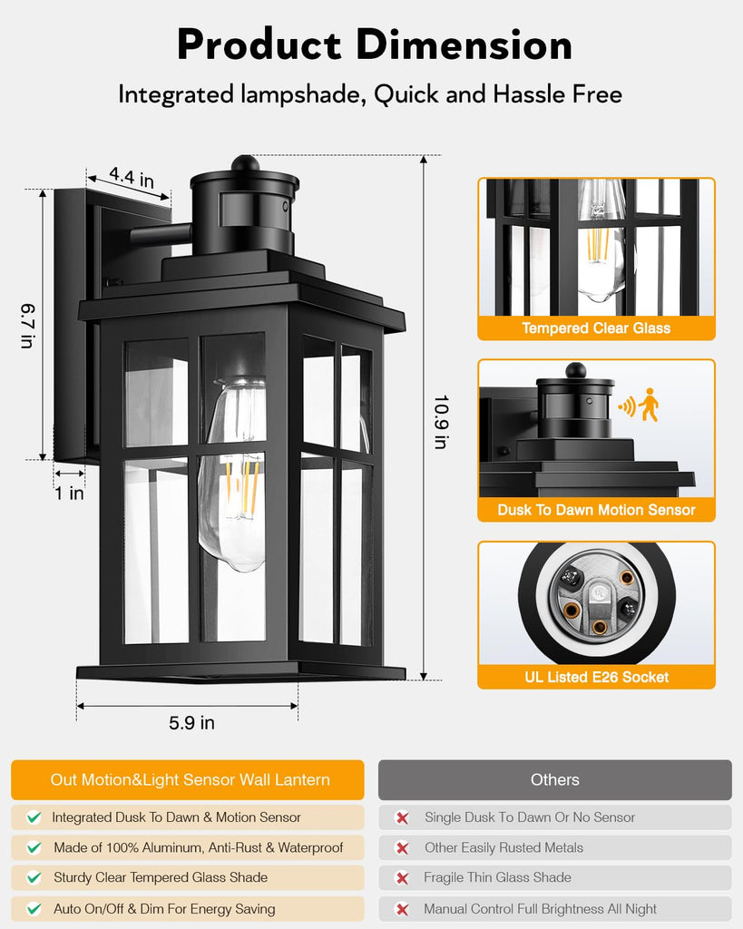 Motion Sensor Outdoor Lights, 2 Pack Outside Light Fixture Dusk to Dawn, Black Outdoor Motion Sensor Light, Anti-Rust