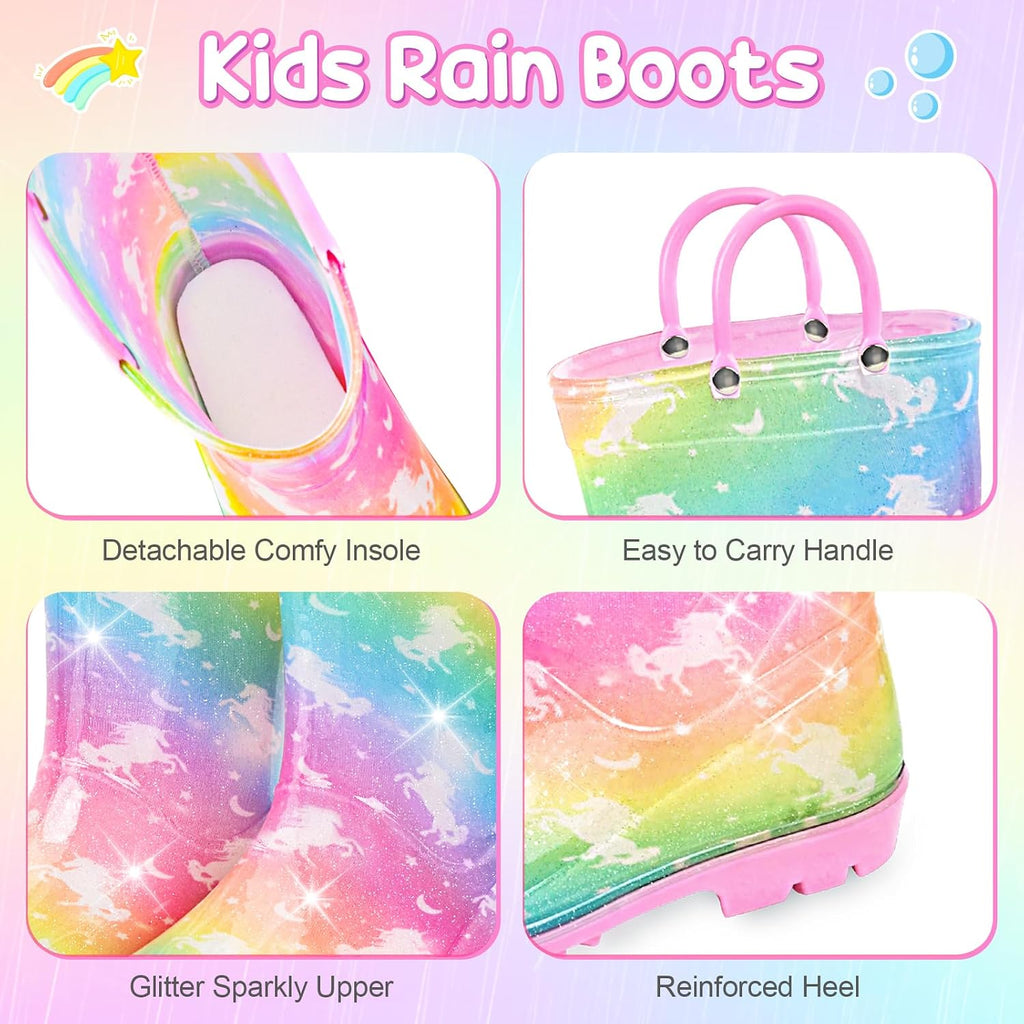 Girls Rain Boots Kids Rain Boots Rainbow Unicorn Mermaid Rainboots Toddler Glitter Waterproof Lightweight Easy-on