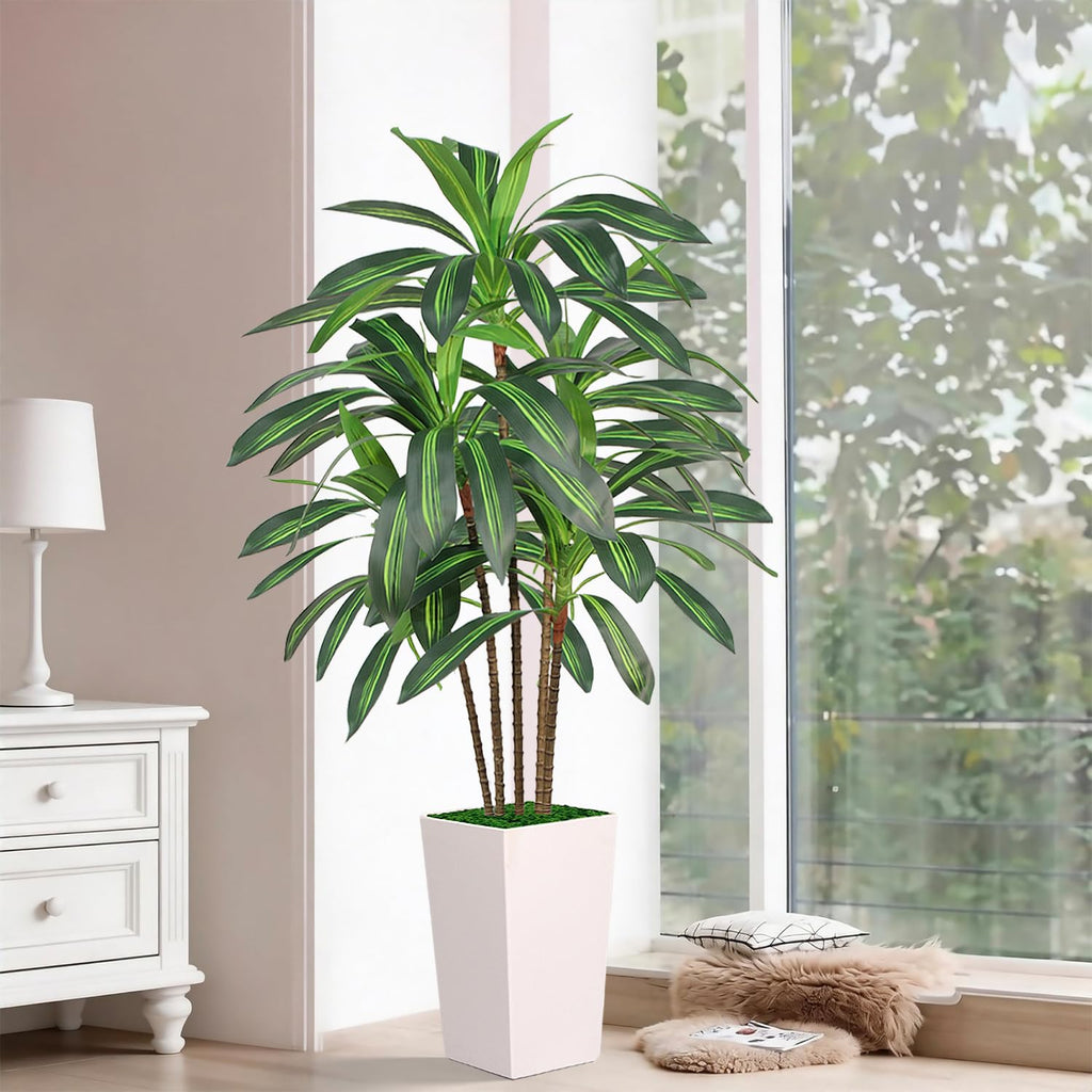 Artificial Dracaena Tree 5FT with White Tall Planter, Realistic Faux Tropical Plant with Lifelike Green Leaves