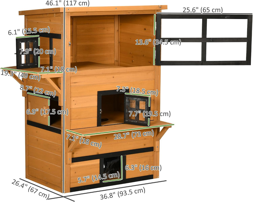 3-Story Cat House Outdoor Cat Condo with Asphalt Roof Yellow