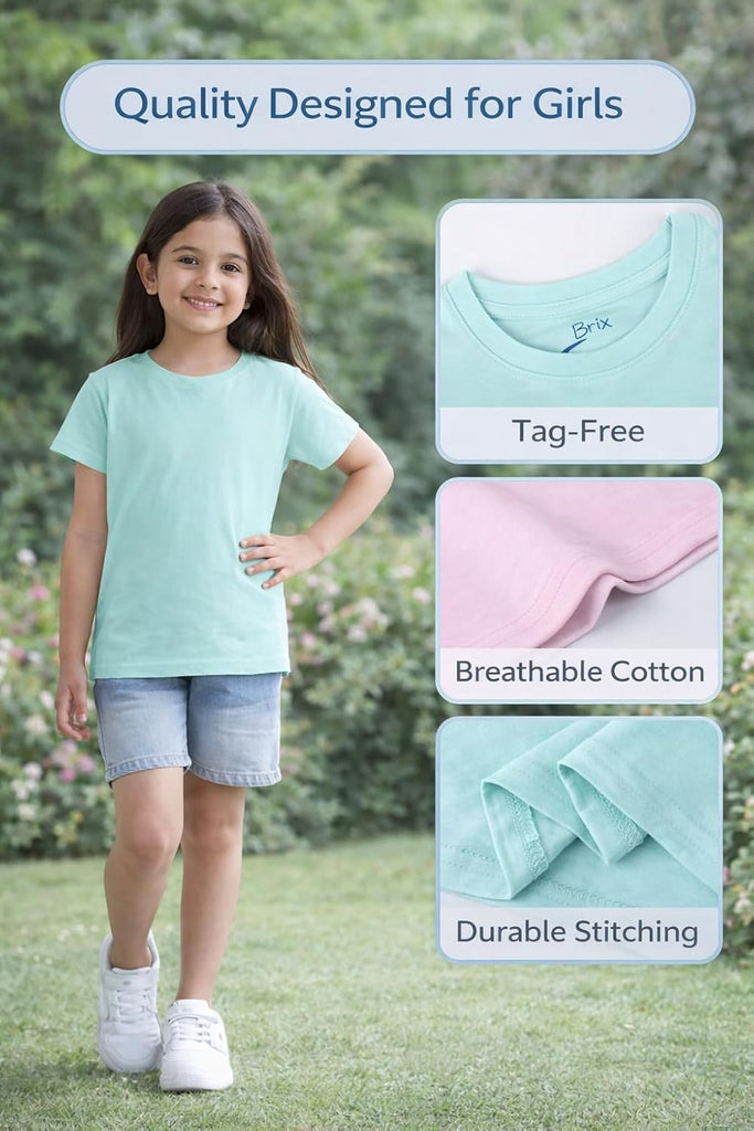 Girls Short Sleeve T-Shirts 5 Pack - Soft Cotton Tees, Breathable Everyday Tops, Tagless Comfort.