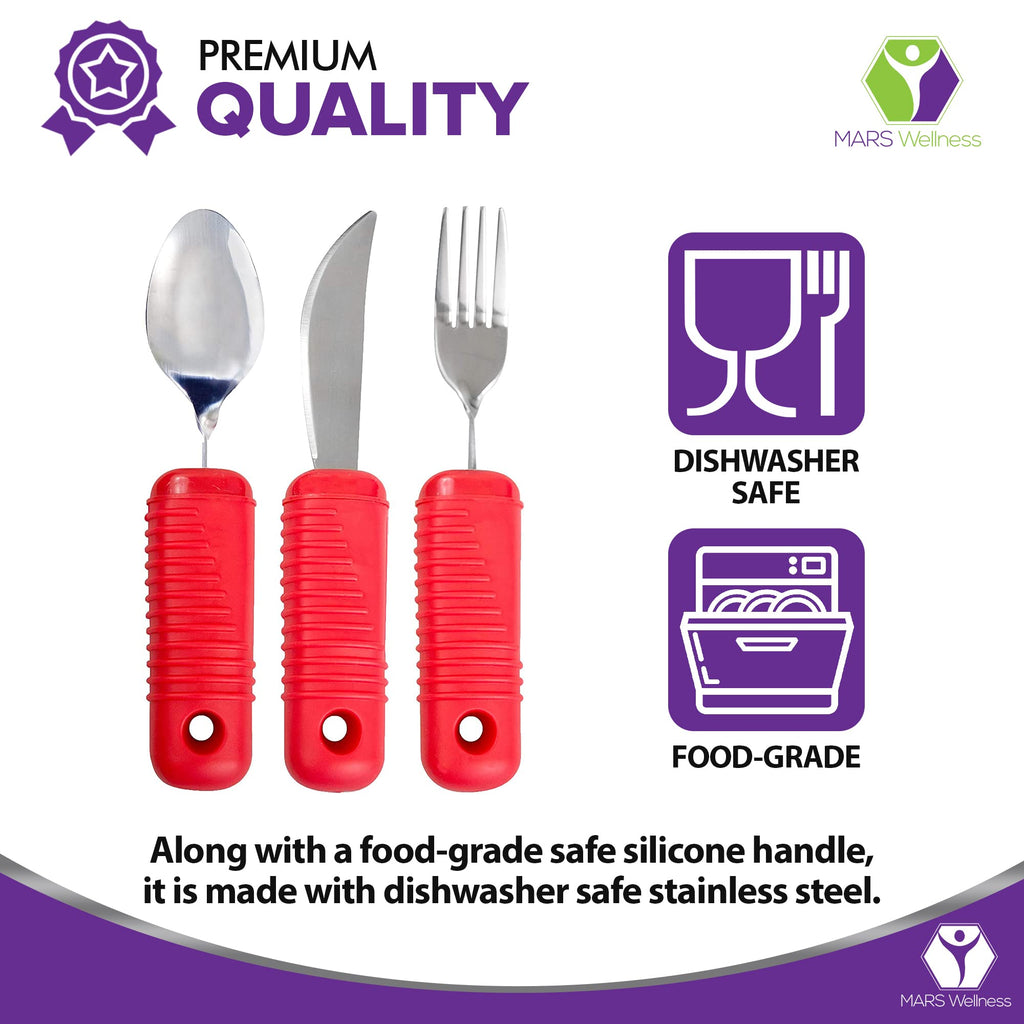 3 Piece Easy Grip Red Utensil Set - Bendable Fork, and Spoon, Strong Knife
