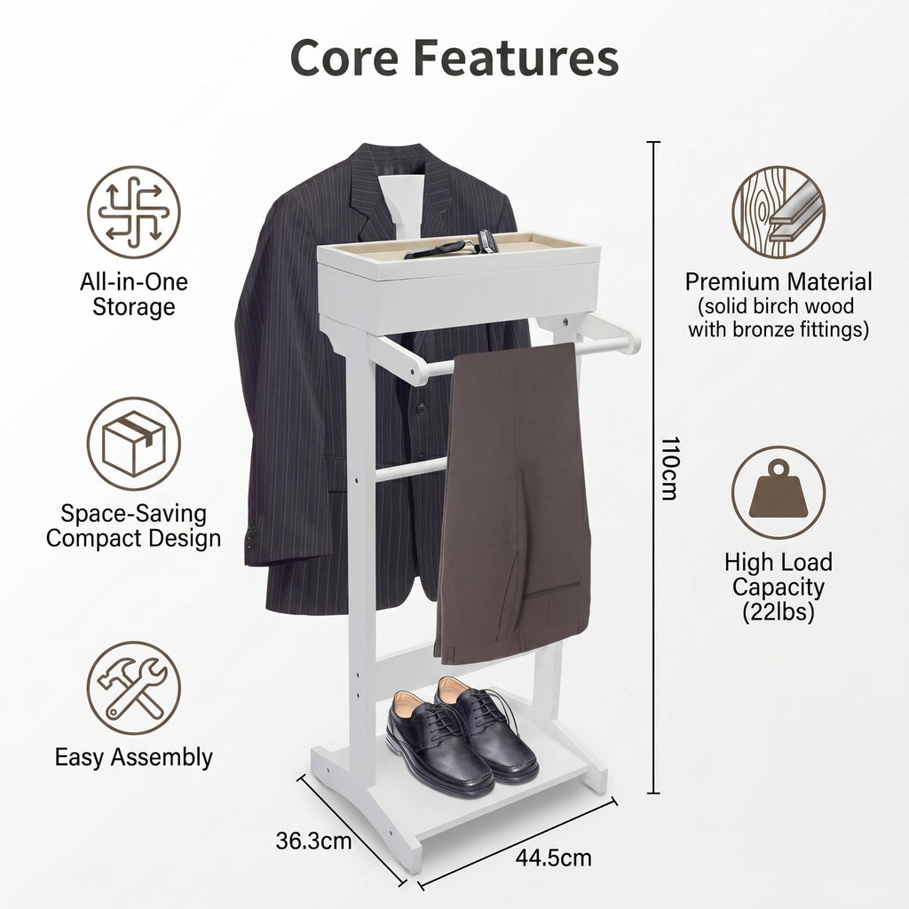 Suit Valet Stand, Wooden Suit Rack for Men and Women, Clothes Valet Stand with Drawer & Trouser Holder, Mens Valet