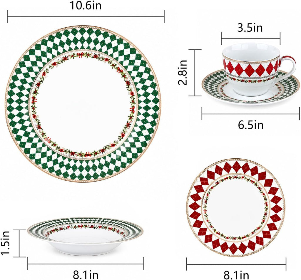 Christmas Argyle Real Gold Trim Porcelain Dinnerware Set, Piece Service for 8 Plates Bowls Mugs