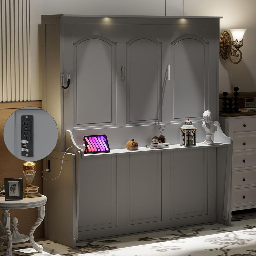 Queen Murphy Bed with Desk, Hideaway Wall Bed Frame with LED Lights and USB Ports, Folding Murphy Cabinet Bed for
